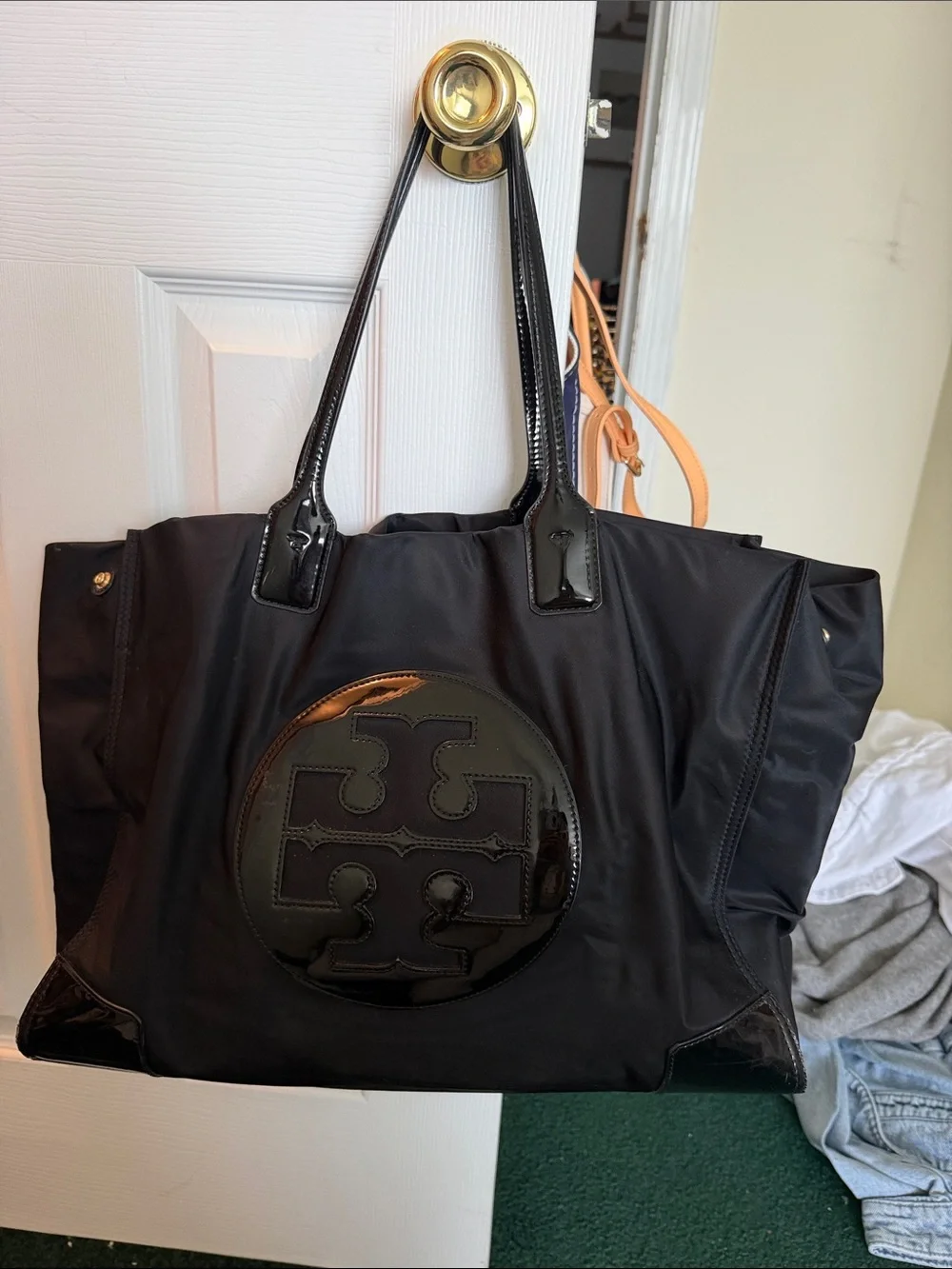 Tory Burch Black Nylon Tote with Patent Logo